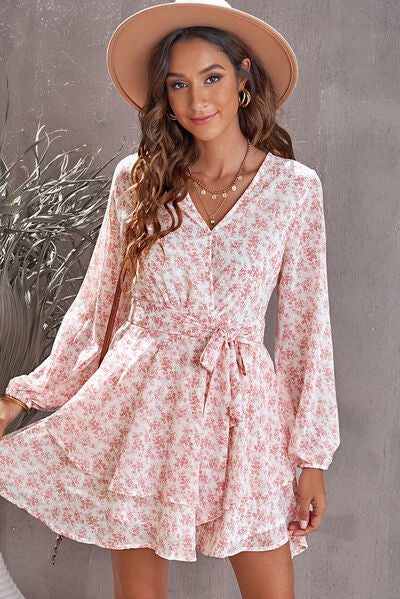 Floral Surplice Balloon Sleeve Layered Dress - AllIn Computer