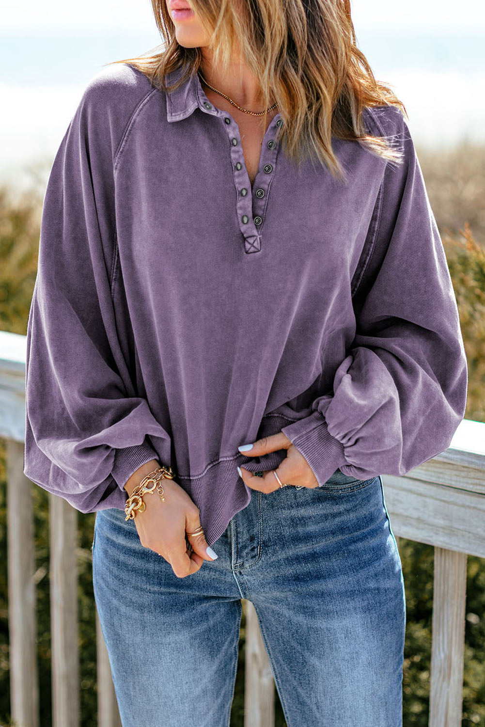 Quarter-Snap Collared Lantern Sleeve Sweatshirt - AllIn Computer