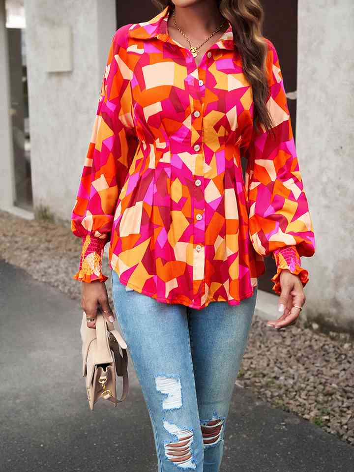 Printed Button-Up Lantern Sleeve Shirt - AllIn Computer
