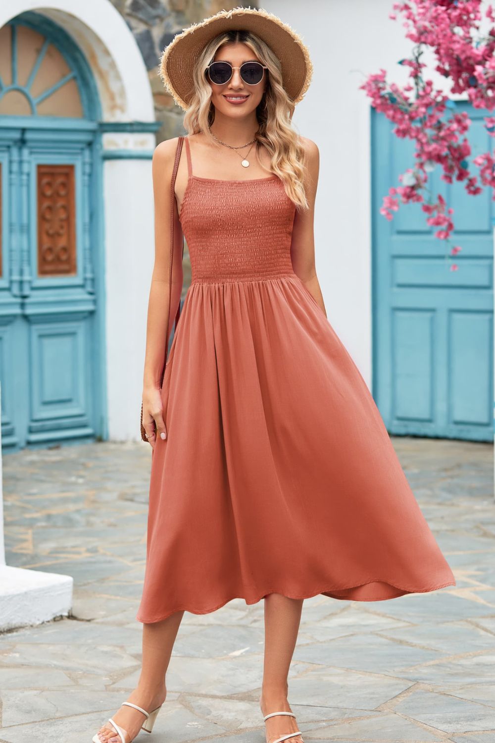 Smocked Spaghetti Strap Midi Dress - AllIn Computer