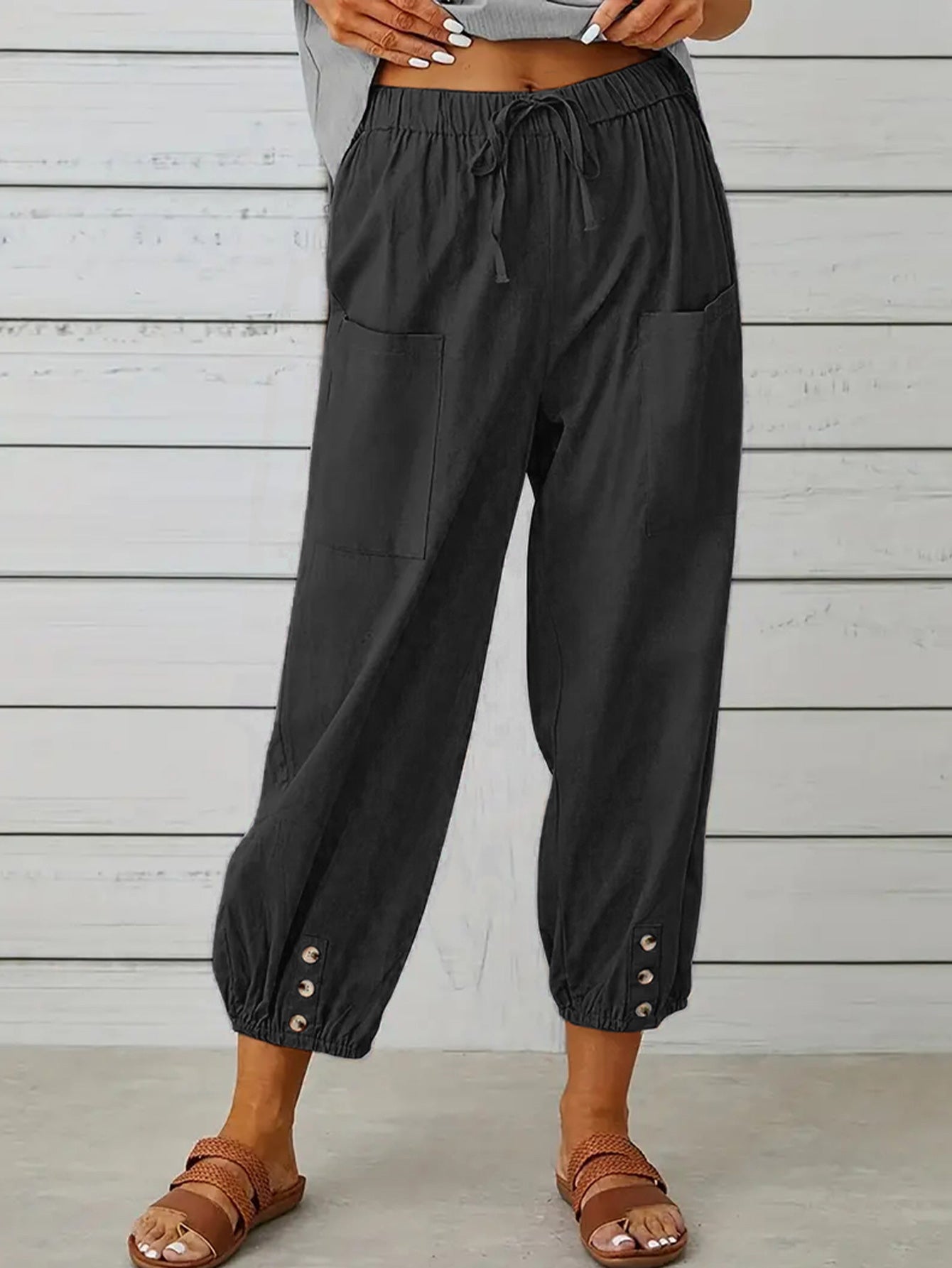 Decorative Button Cropped Pants - AllIn Computer