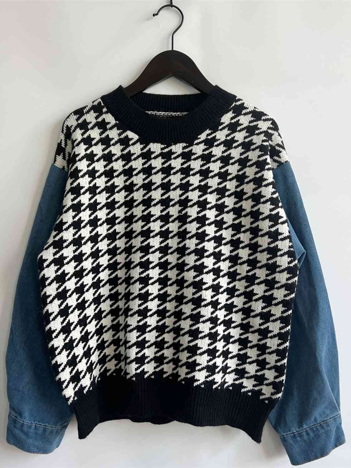 Houndstooth Denim Sleeve Sweater - AllIn Computer