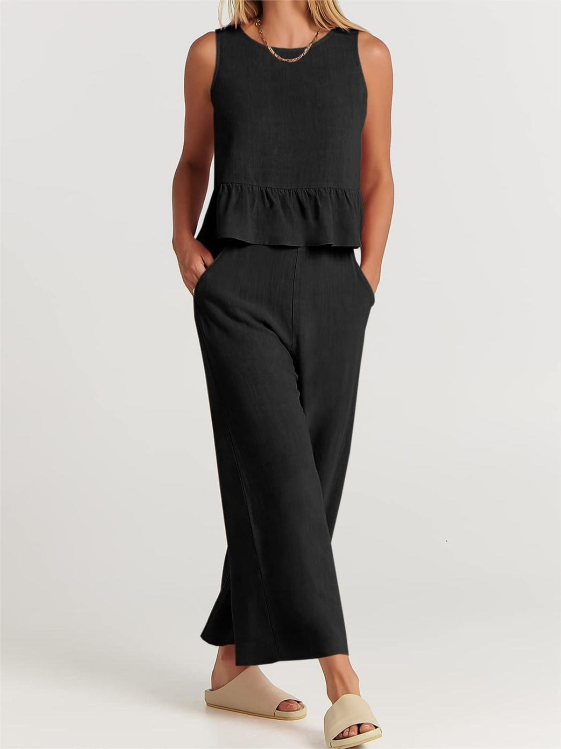 Full Size Round Neck Top and Wide Leg Pants Set - AllIn Computer