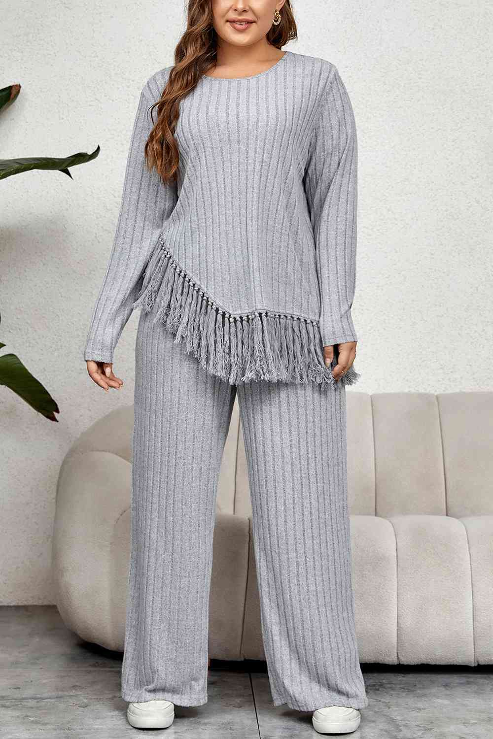 Plus Size Tassel Hem Top and Pants Set - AllIn Computer