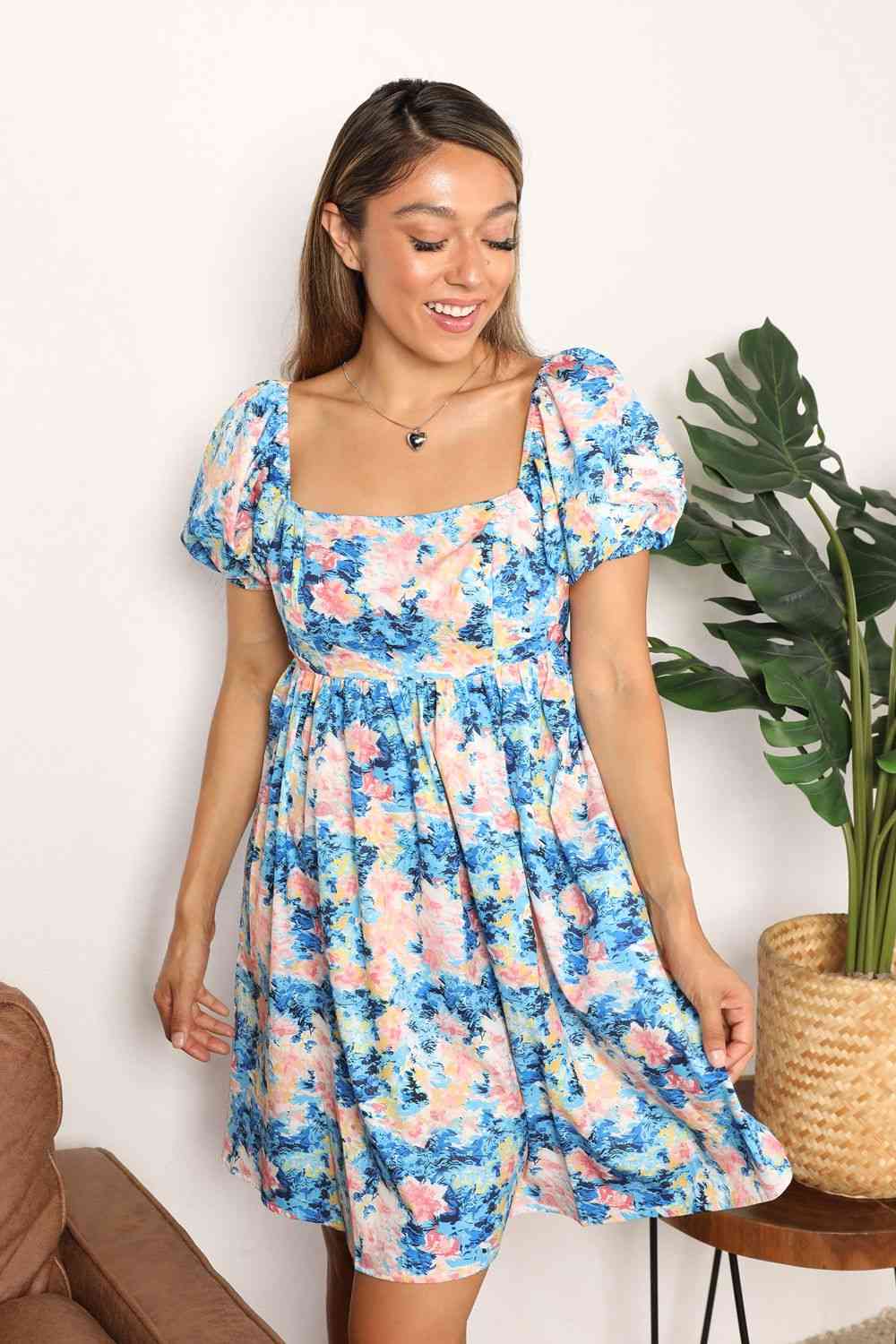 Double Take Floral Square Neck Puff Sleeve Dress - AllIn Computer