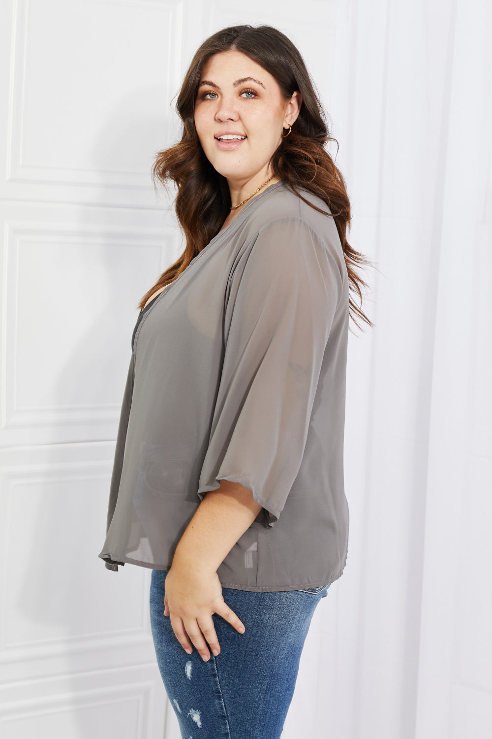 Melody Just Breathe Full Size Chiffon Kimono in Grey - AllIn Computer