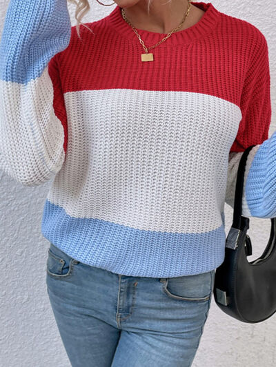 Color Block Round Neck Sweater - AllIn Computer