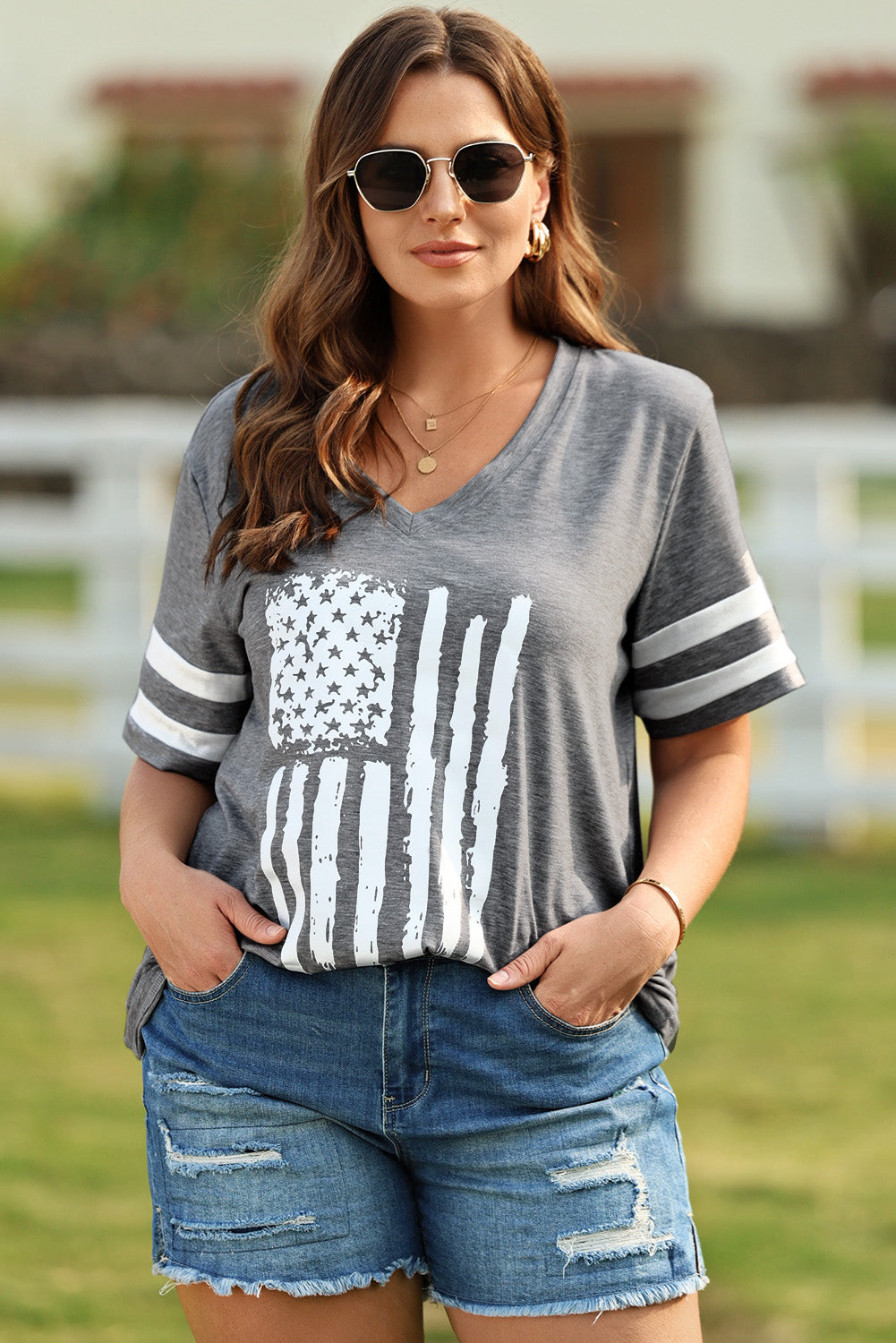 Plus Size US Flag Graphic V-Neck Tee - AllIn Computer