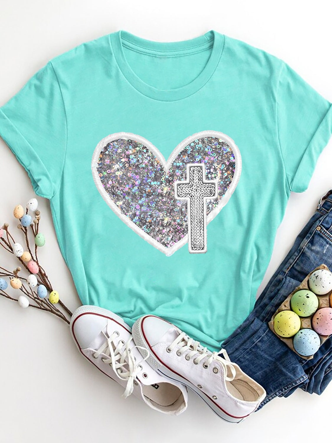 Sequin Heart Round Neck Short Sleeve T-Shirt - AllIn Computer