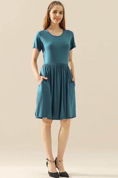 Ninexis Full Size Round Neck Ruched Dress with Pockets - AllIn Computer