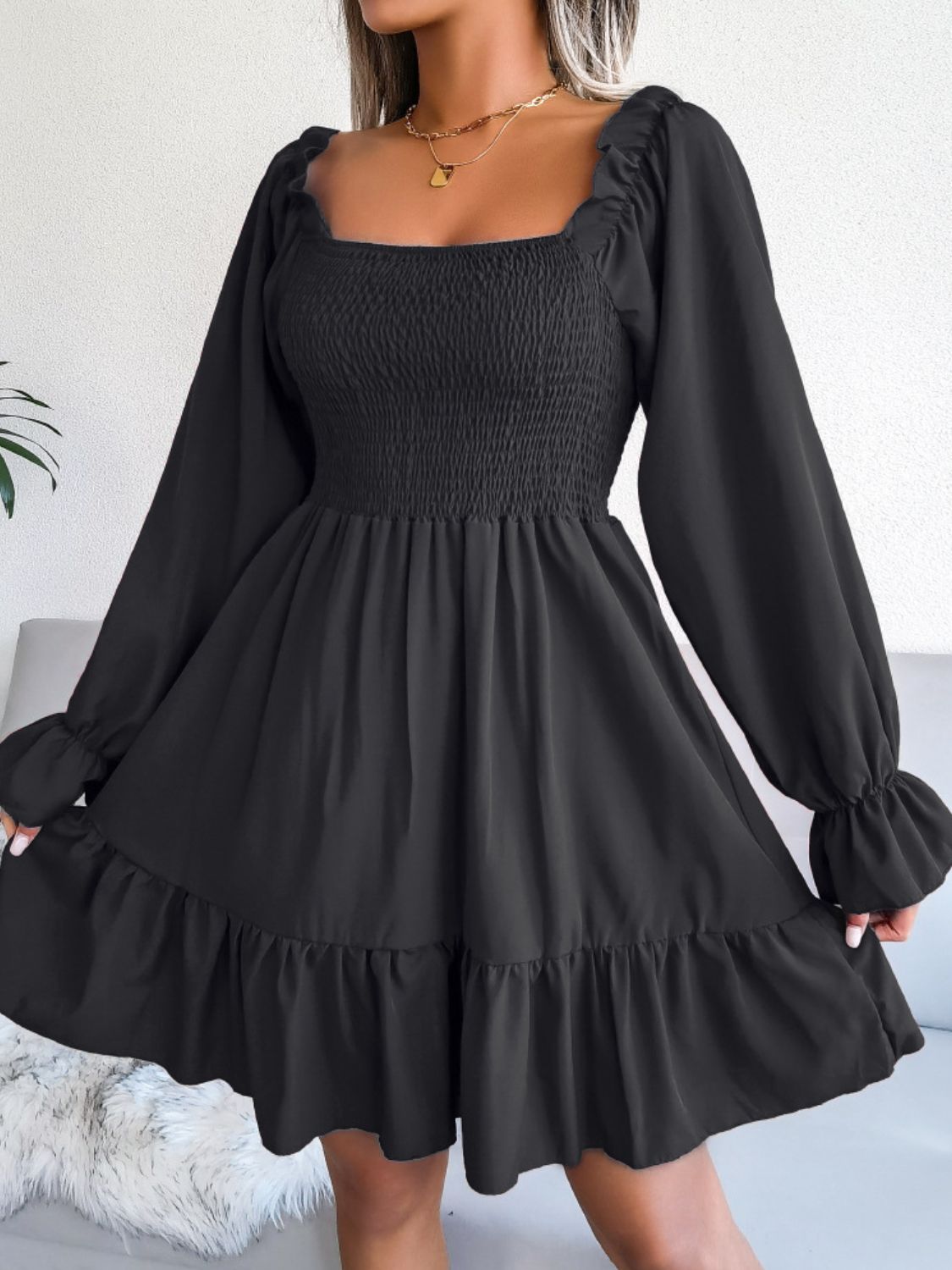 Smocked Flounce Sleeve Square Neck Dress - AllIn Computer