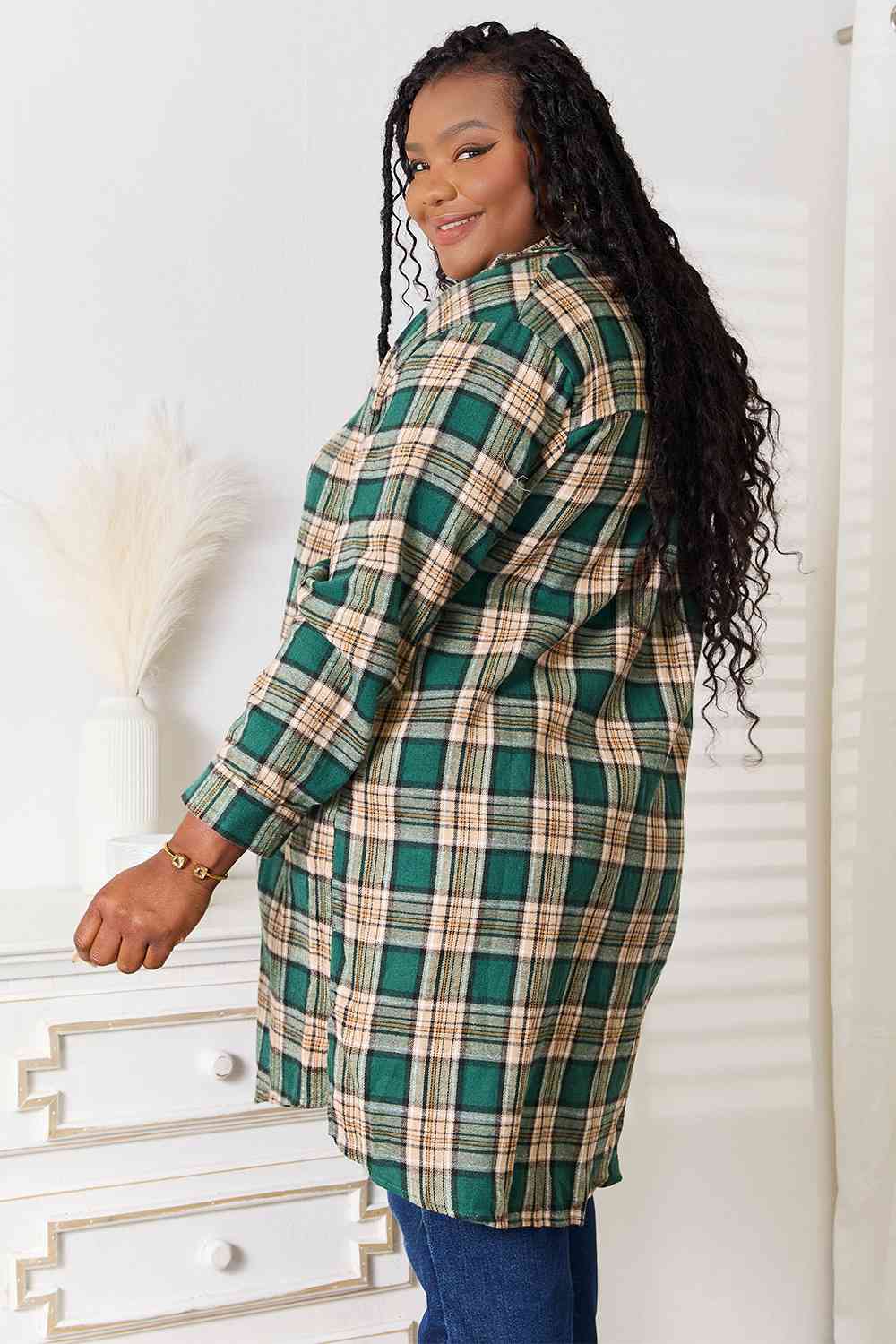 Double Take Plaid Collared Neck Long Sleeve Shirt - AllIn Computer