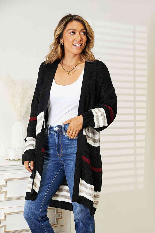 Double Take Striped Rib-Knit Drop Shoulder Open Front Cardigan - AllIn Computer