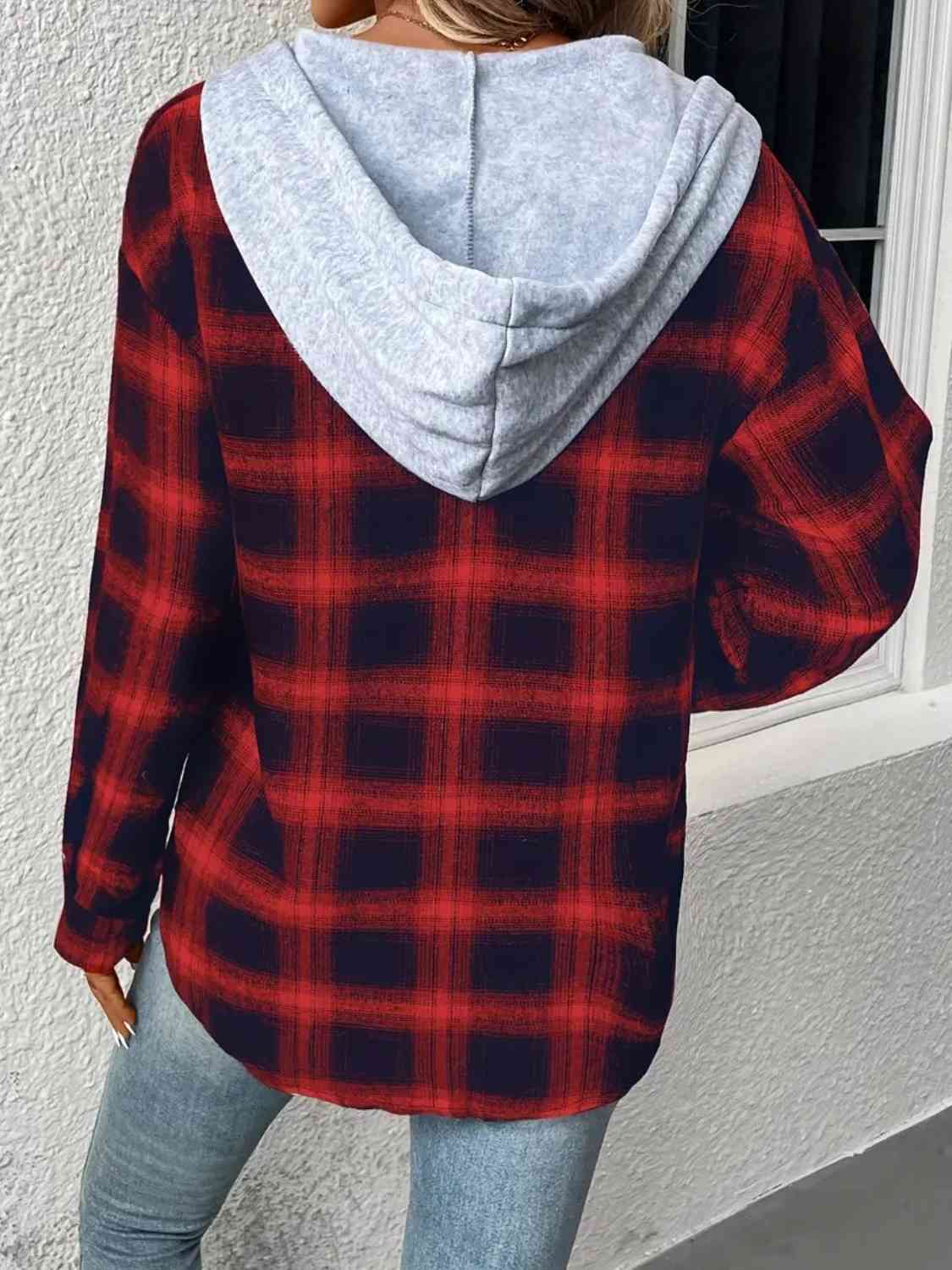 Plaid Drawstring Button Up Hooded Jacket - AllIn Computer