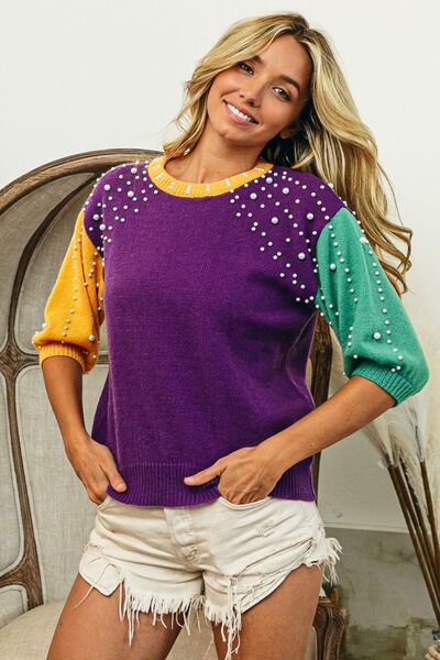 BiBi Color Block Pearl Detail Round Neck Sweater - AllIn Computer