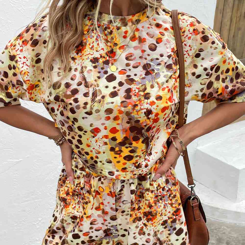 Printed Round Neck Dropped Shoulder Half Sleeve Top and Shorts Set - AllIn Computer