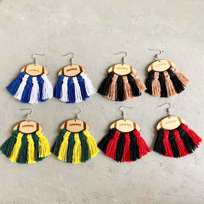 Fringe Detail Football Shape Wooden Dangle Earrings - AllIn Computer