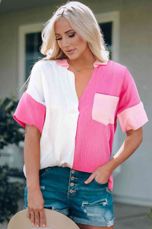Color Block Textured Johnny Collar Blouse - AllIn Computer