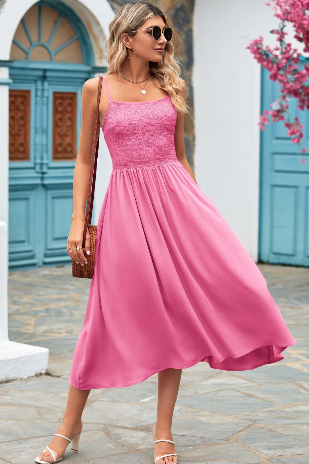 Smocked Spaghetti Strap Midi Dress - AllIn Computer