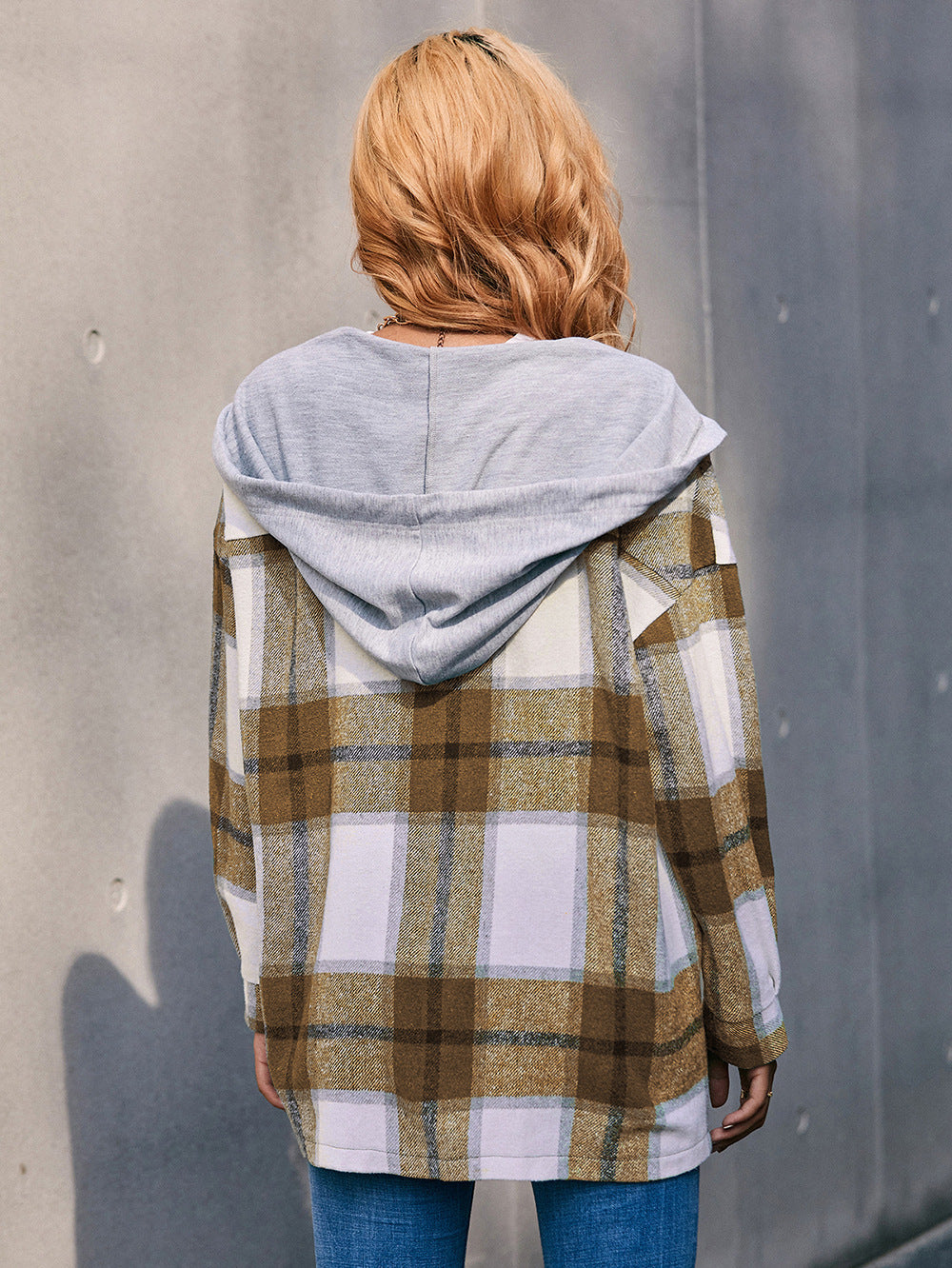 Plaid Dropped Shoulder Hooded Jacket - AllIn Computer