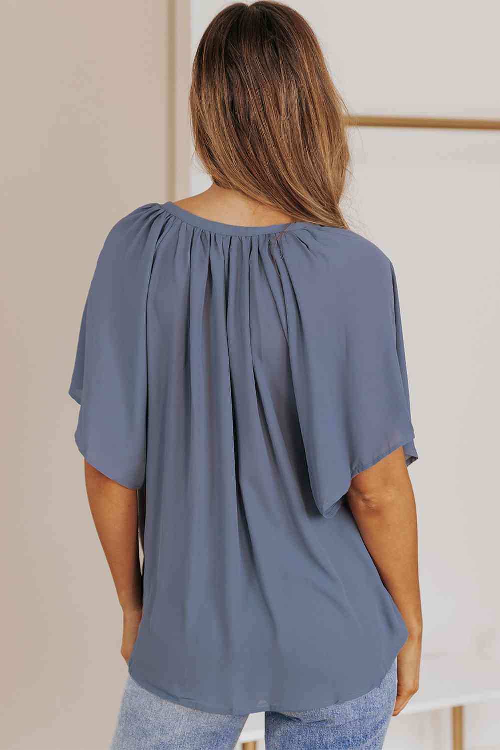 Gathered Detail Notched Neck Flutter Sleeve Top - AllIn Computer