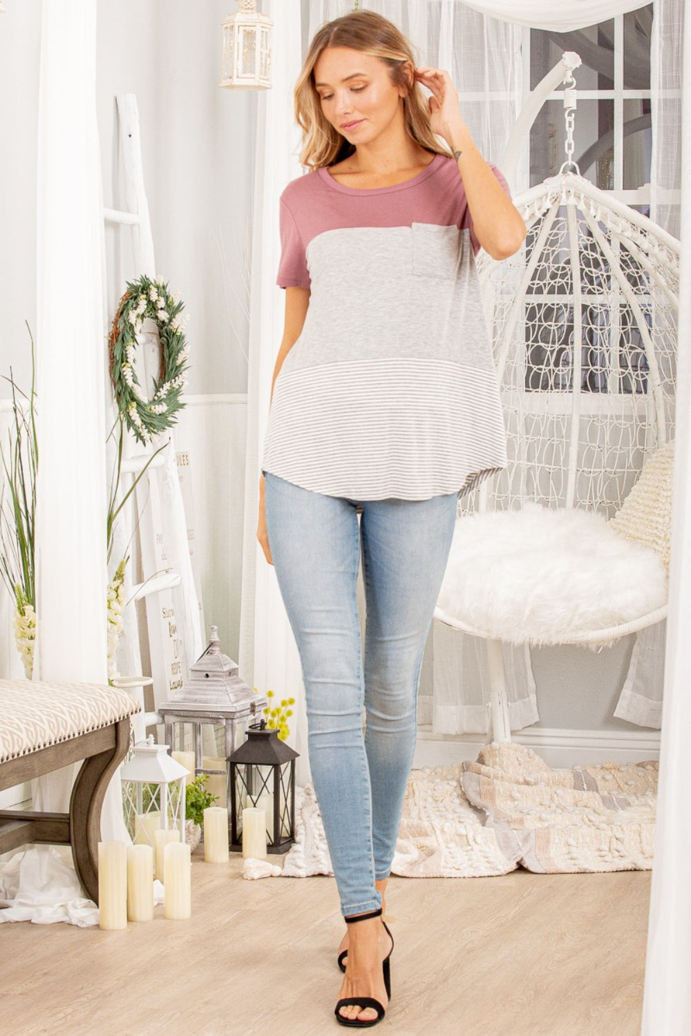 Heimish Color Block Striped Round Neck Short Sleeve T-Shirt - AllIn Computer