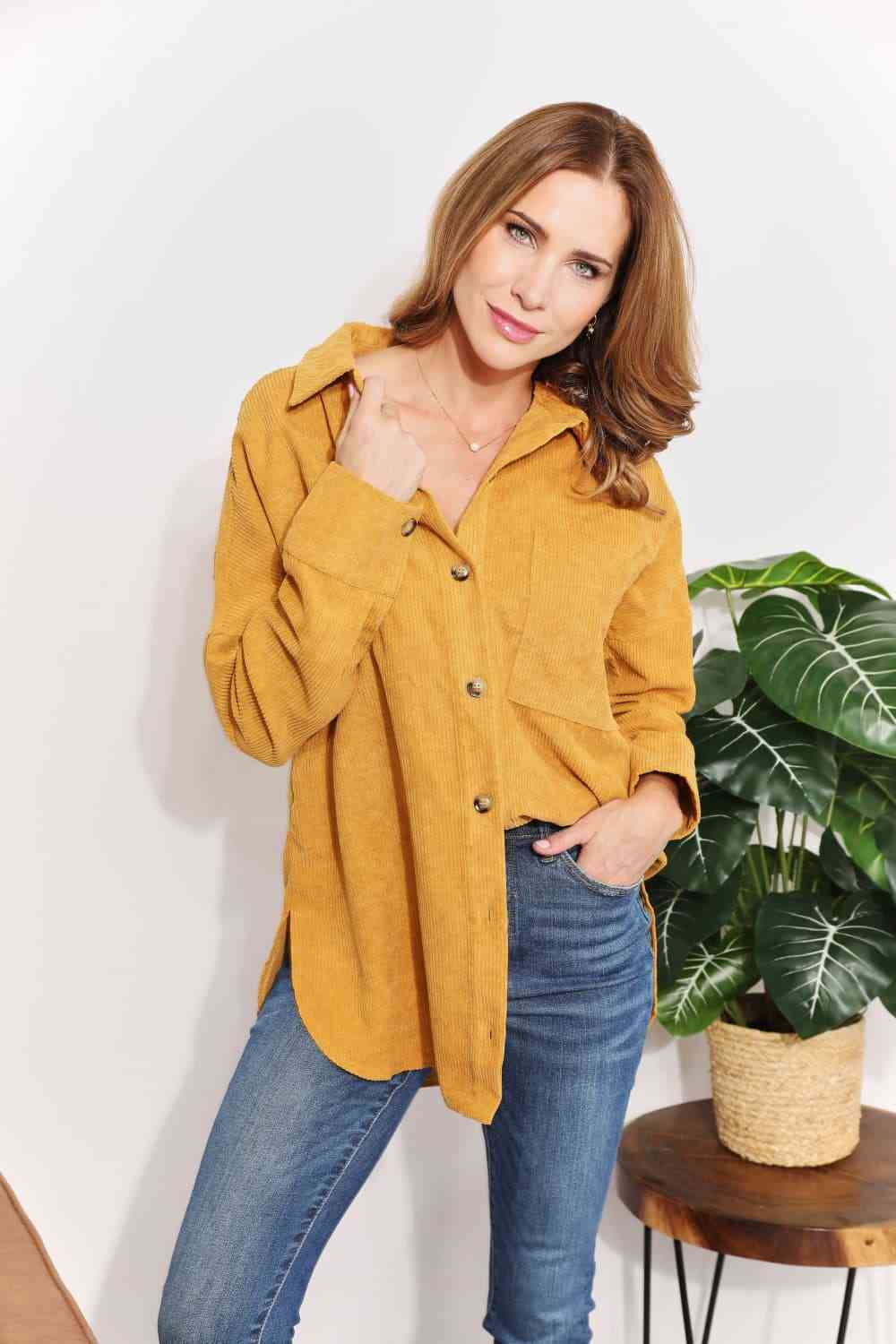 HEYSON Full Size Oversized Corduroy  Button-Down Tunic Shirt with Bust Pocket - AllIn Computer