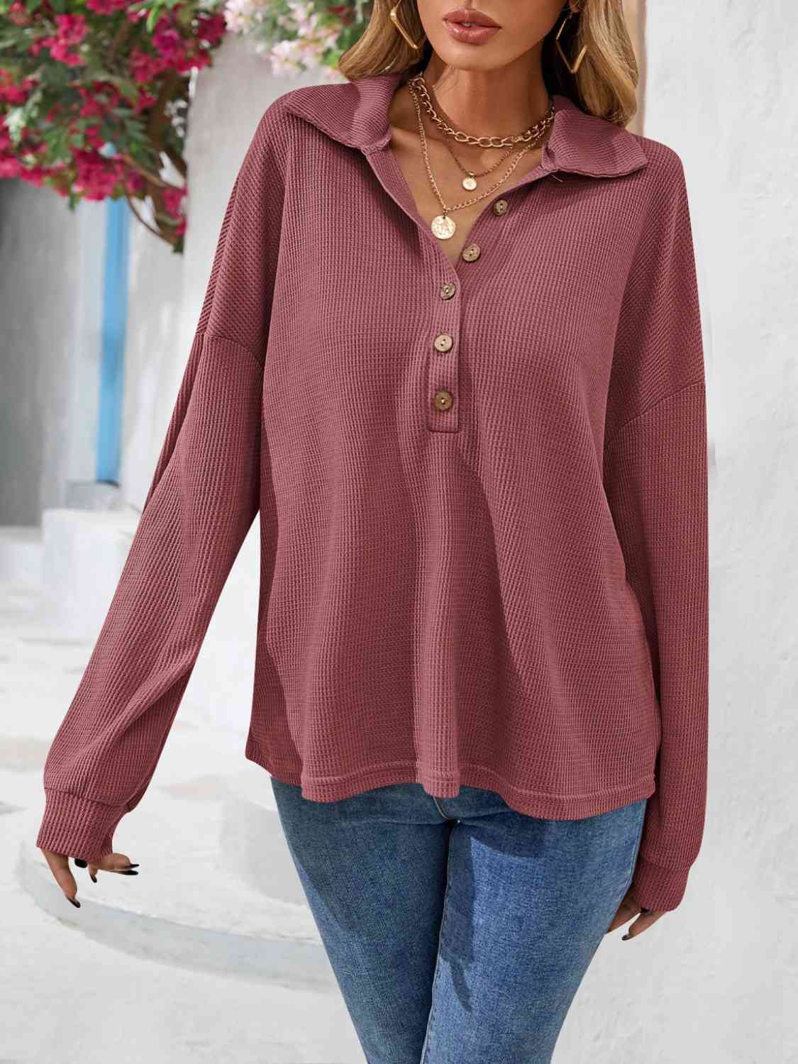 Half Button Collared Neck Long Sleeve Top - AllIn Computer