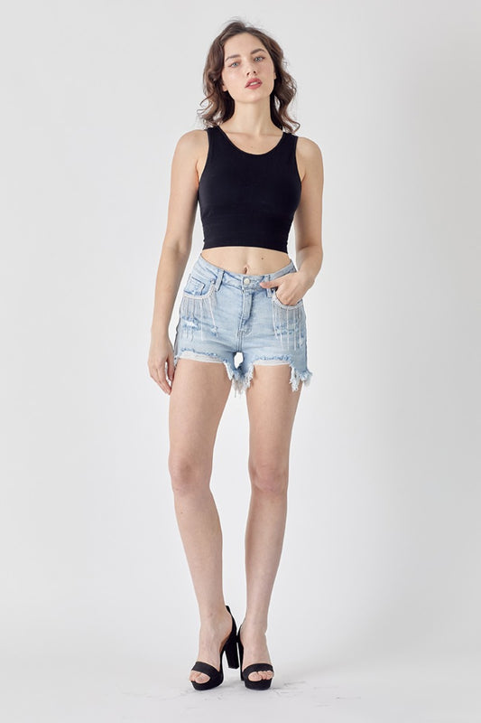 RISEN Frayed Hem Denim Shorts with Fringe Detail Pockets - AllIn Computer