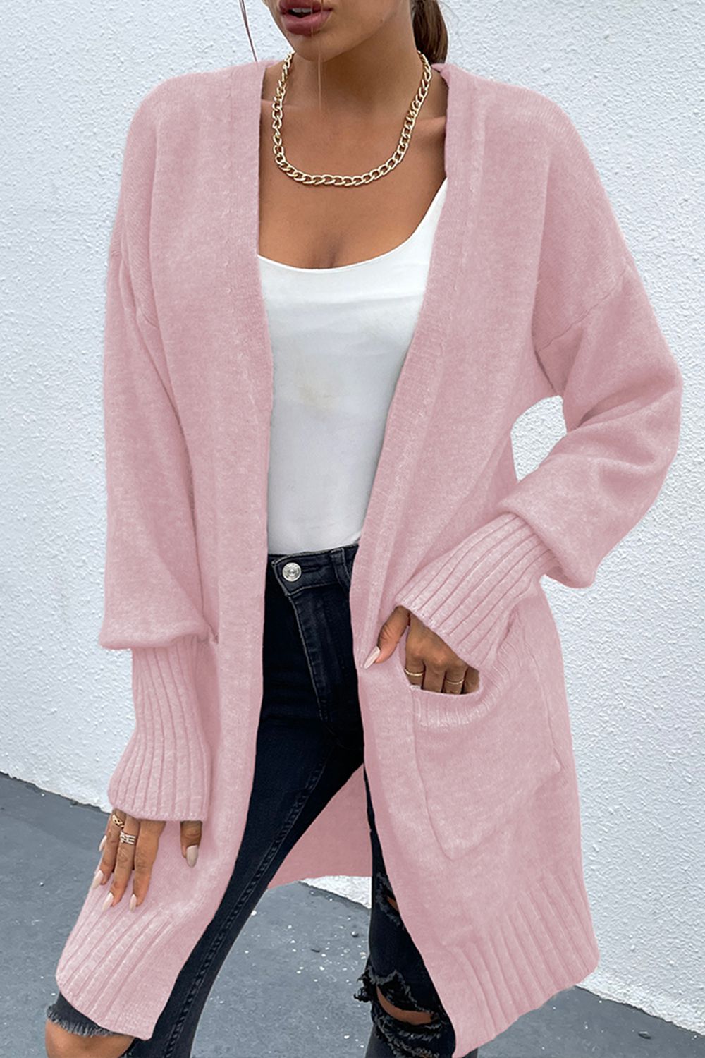 Open Front Dropped Shoulder Pocketed Cardigan - AllIn Computer