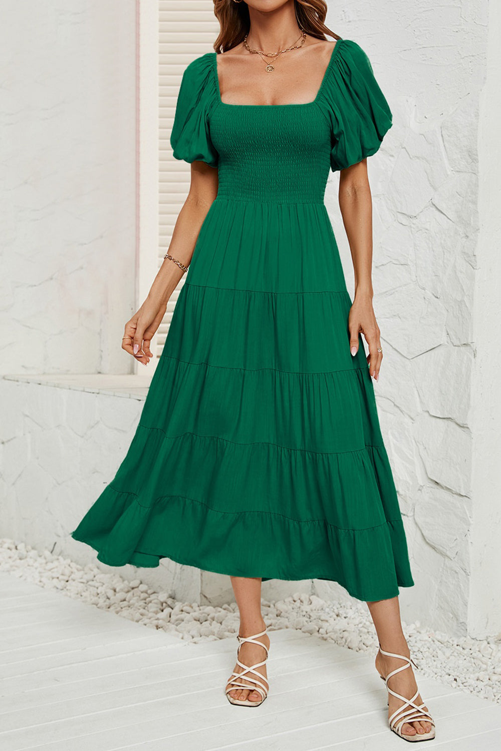 Smocked Square Neck Puff Sleeve Dress - AllIn Computer
