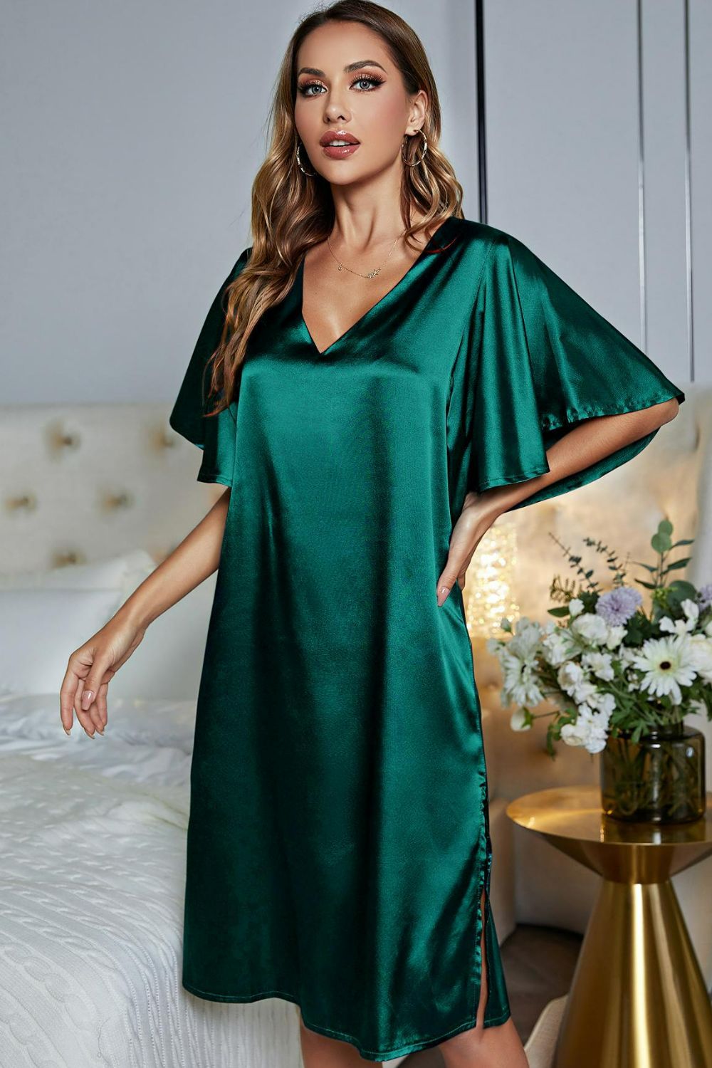Satin Flutter Sleeve Side Slit V-Neck Night Dress - AllIn Computer