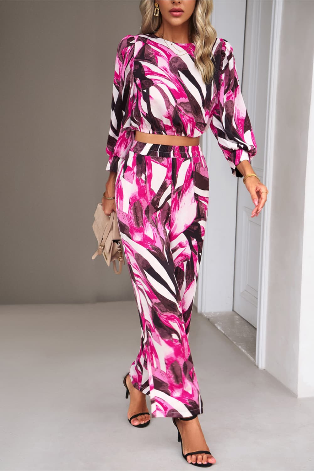 Printed Cropped Top and Pants Set - AllIn Computer