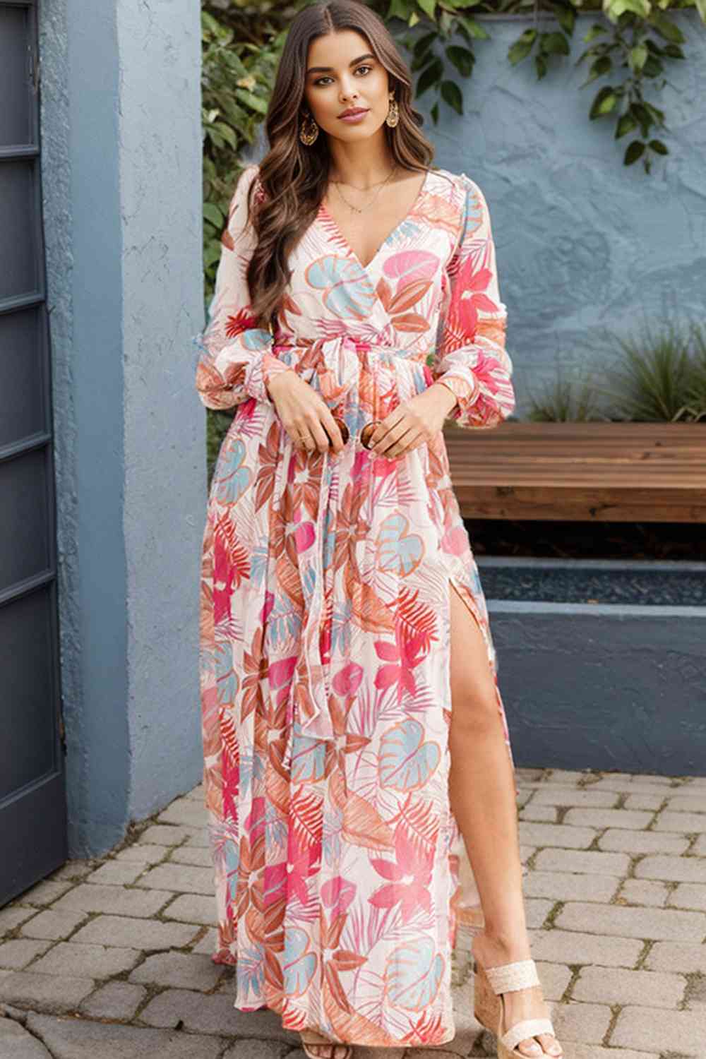 Plus Size V-Neck Printed Slit Dress - AllIn Computer