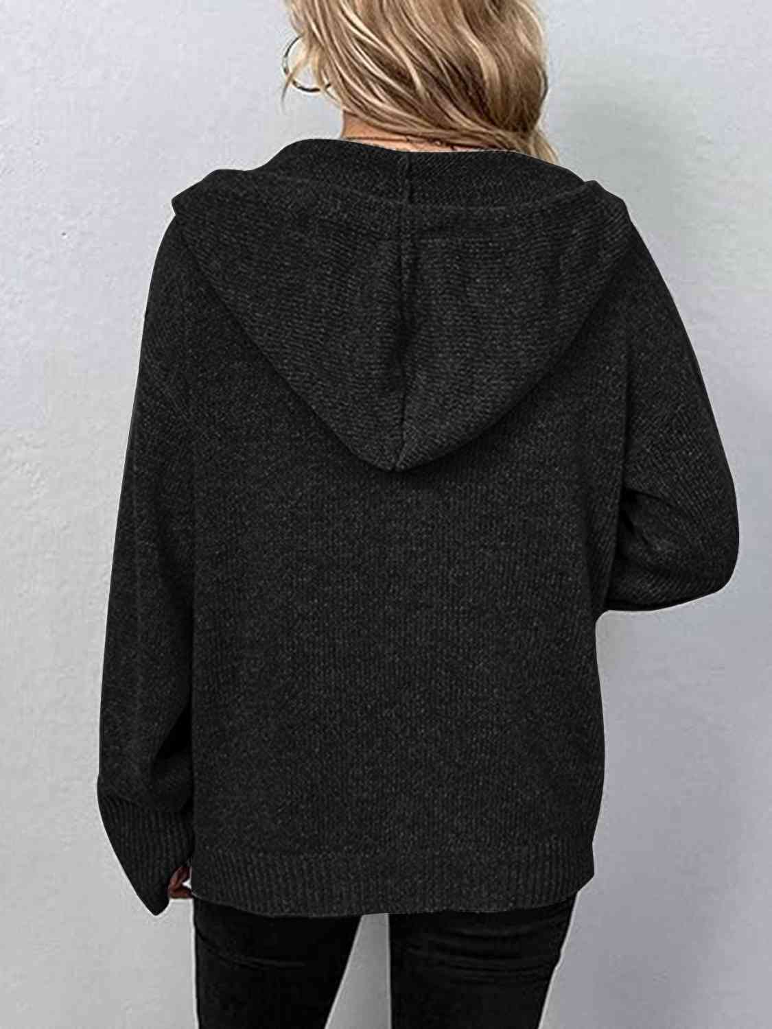 Button Up Drawstring Long Sleeve Hooded Cardigan - AllIn Computer
