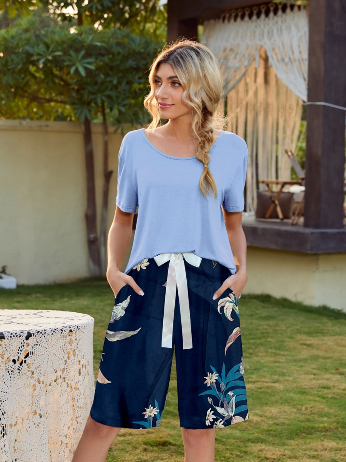 Short Sleeve Top and Printed Shorts Lounge Set - AllIn Computer