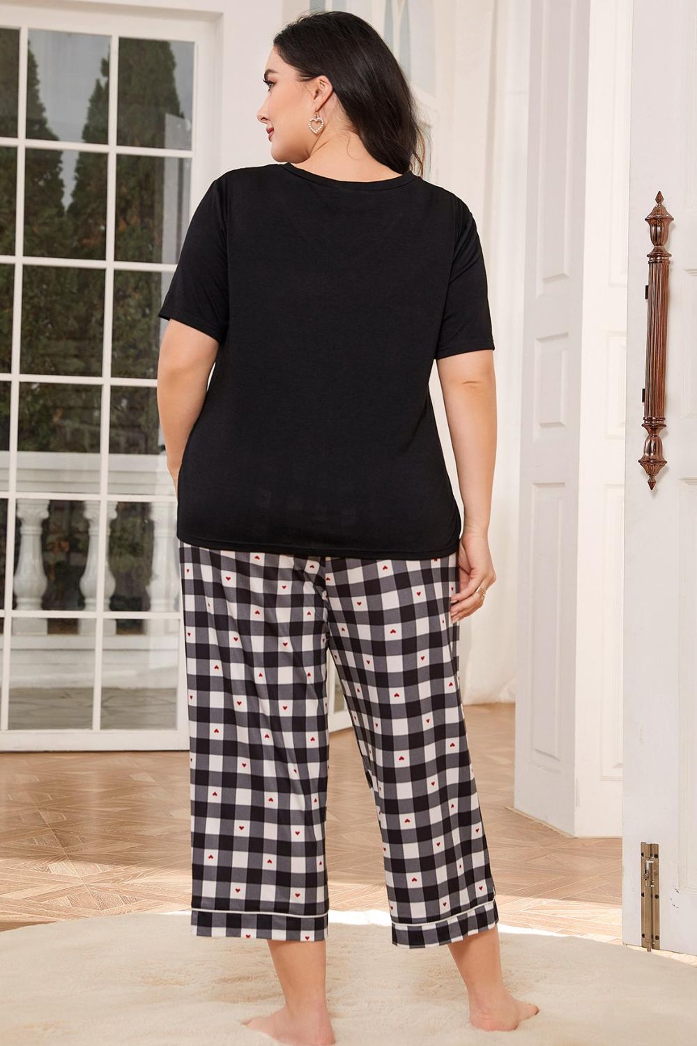 V-Neck Tee and Plaid Cropped Pants Lounge Set - AllIn Computer