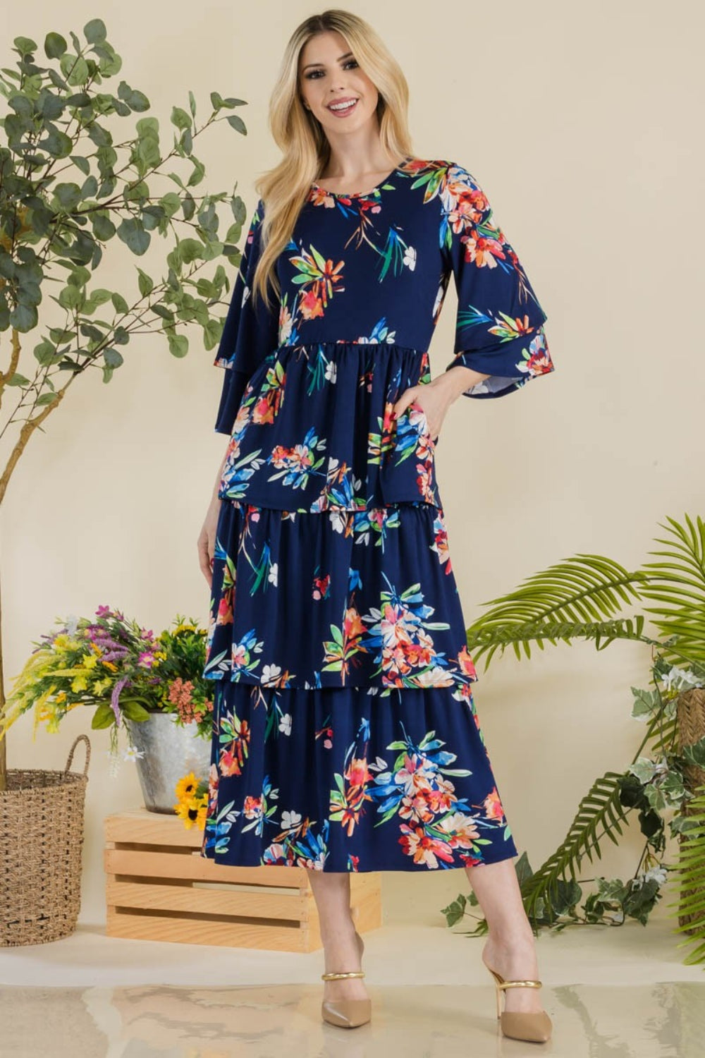 Celeste Full Size Floral Ruffle Tiered Midi Dress - AllIn Computer