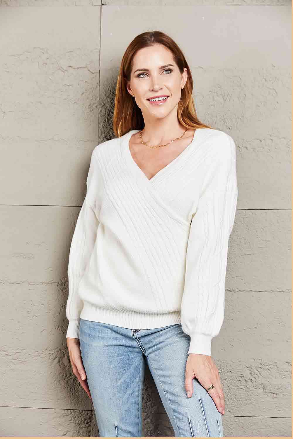 Double Take Ribbed Puff Sleeve Surplice Sweater - AllIn Computer