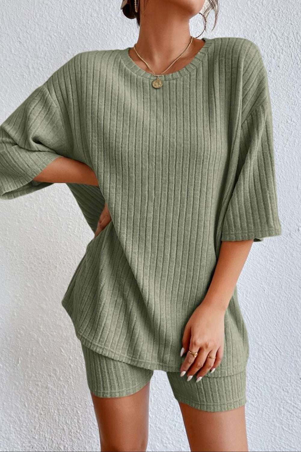 Round Neck Ribbed Top and Shorts Lounge Set - AllIn Computer