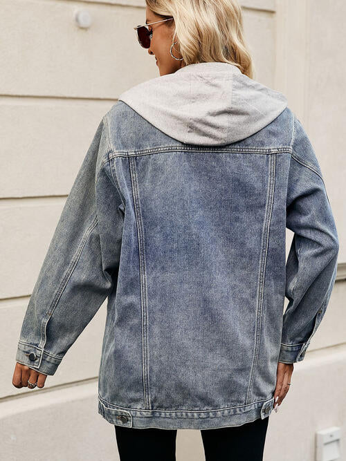 Drawstring Button Up Hooded Denim Jacket - AllIn Computer
