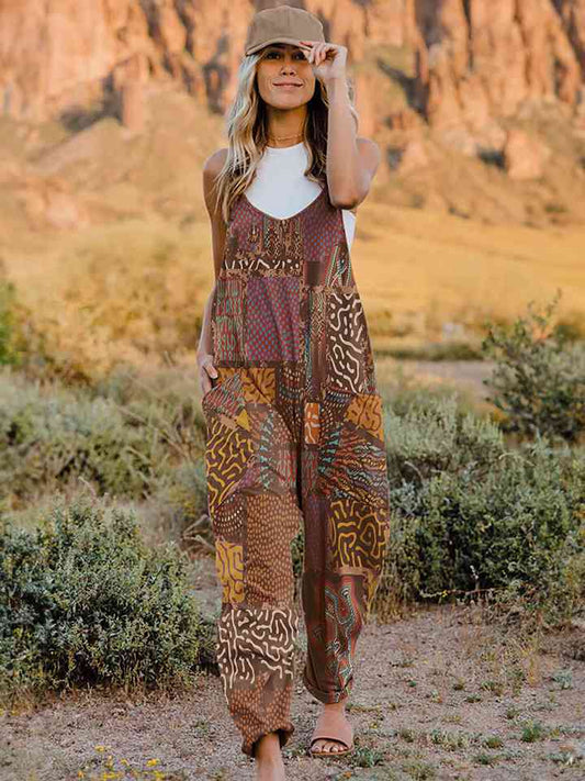 Full Size Printed V-Neck Sleeveless Jumpsuit - AllIn Computer