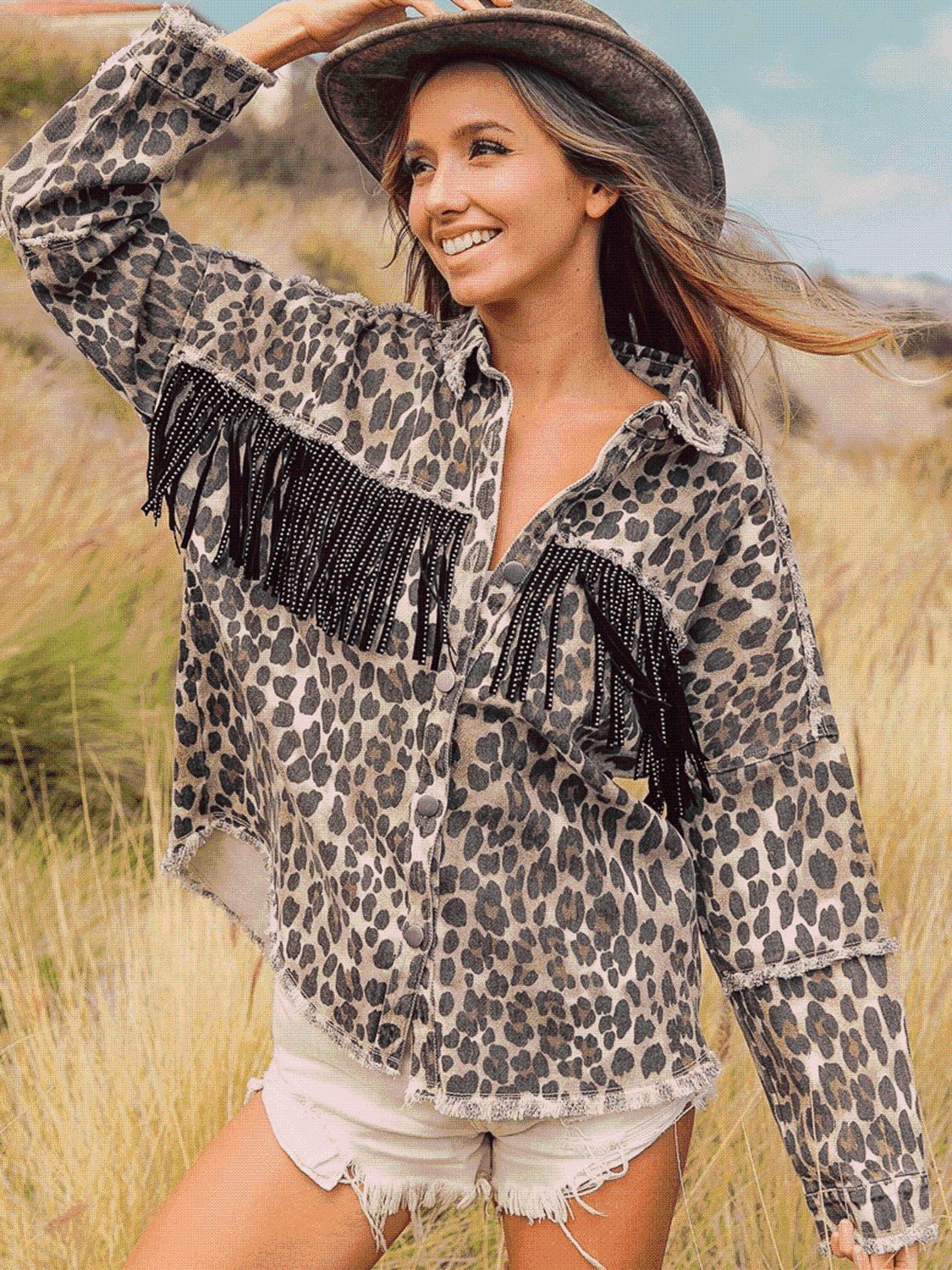 Leopard Fringe Detail Collared Neck Denim Jacket - AllIn Computer