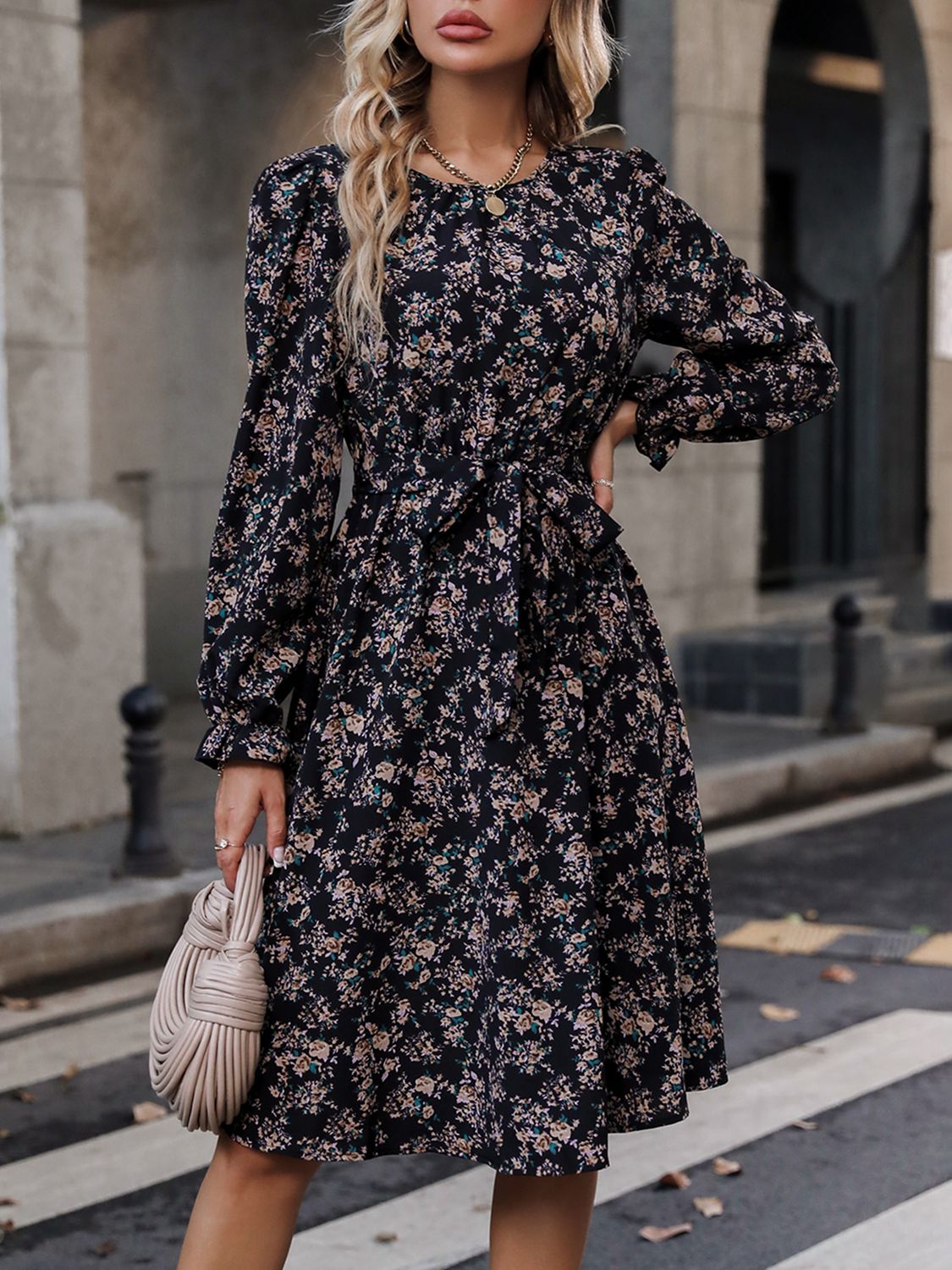 Printed Tie Belt Balloon Sleeve Dress - AllIn Computer