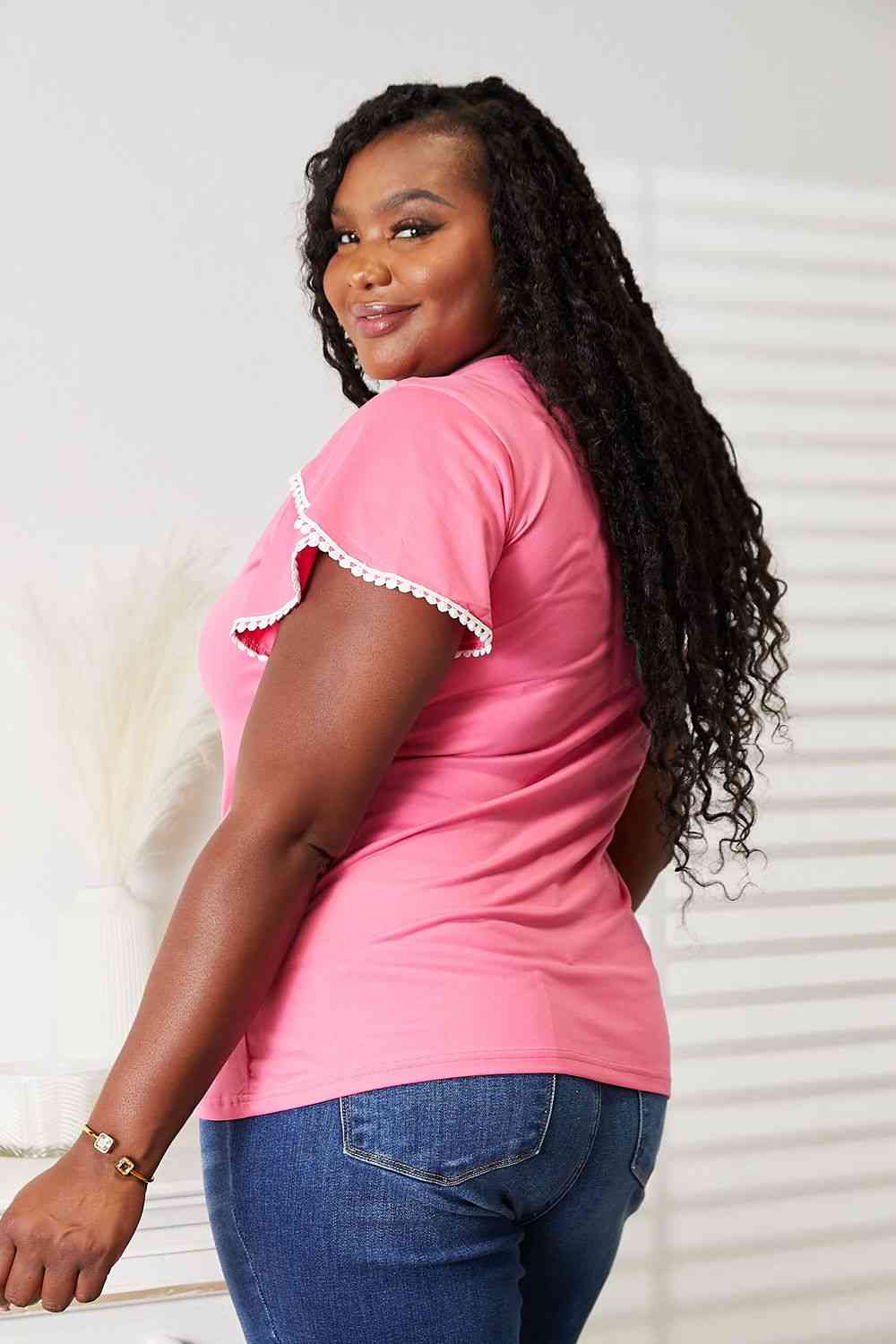 Double Take Pom-Pom Trim Flutter Sleeve Round Neck T-Shirt - AllIn Computer