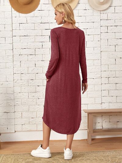 Pocketed Round Neck Long Sleeve Tee Dress - AllIn Computer