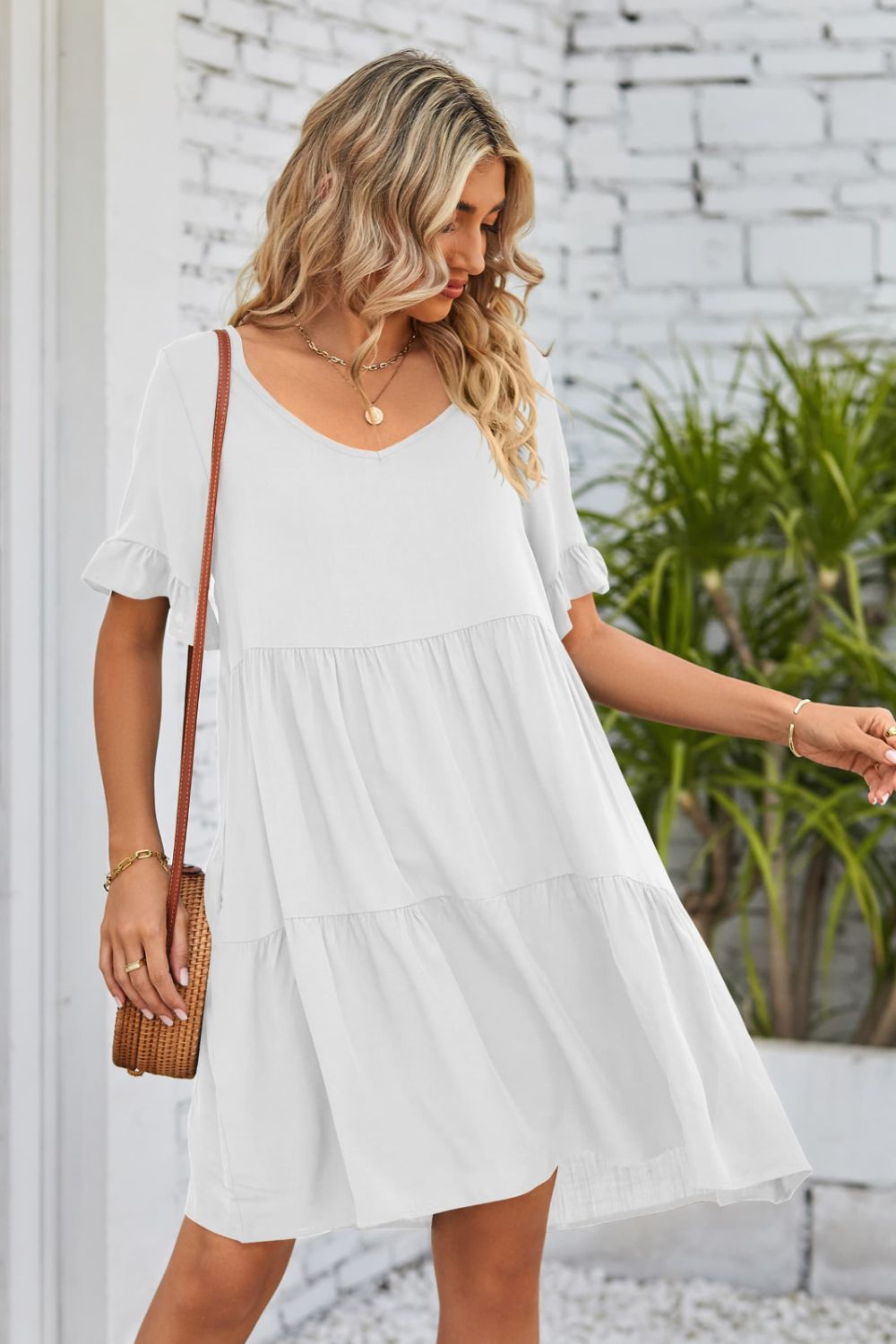 V-Neck Flounce Sleeve Tiered Dress - AllIn Computer