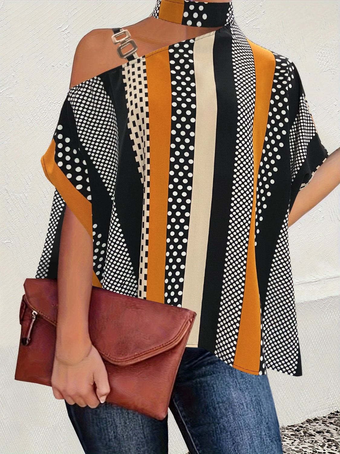 Cutout Color Block Mock Neck Blouse - AllIn Computer