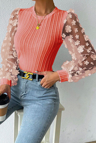 Double Take Textured Applique Long Sleeve Blouse - AllIn Computer