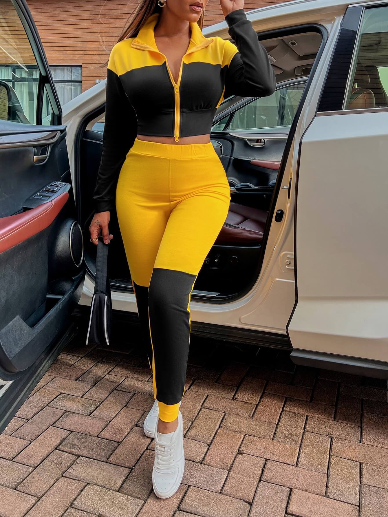 Two-Tone Collared Neck Top and Joggers Set - AllIn Computer